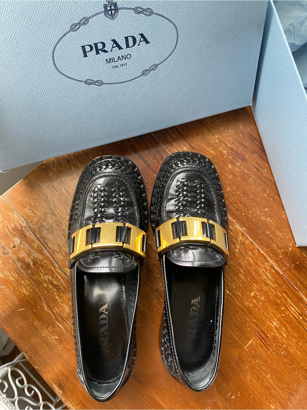 Prada Black Woven Leather Loafers with Gold Hardware - Picture 5 of 5